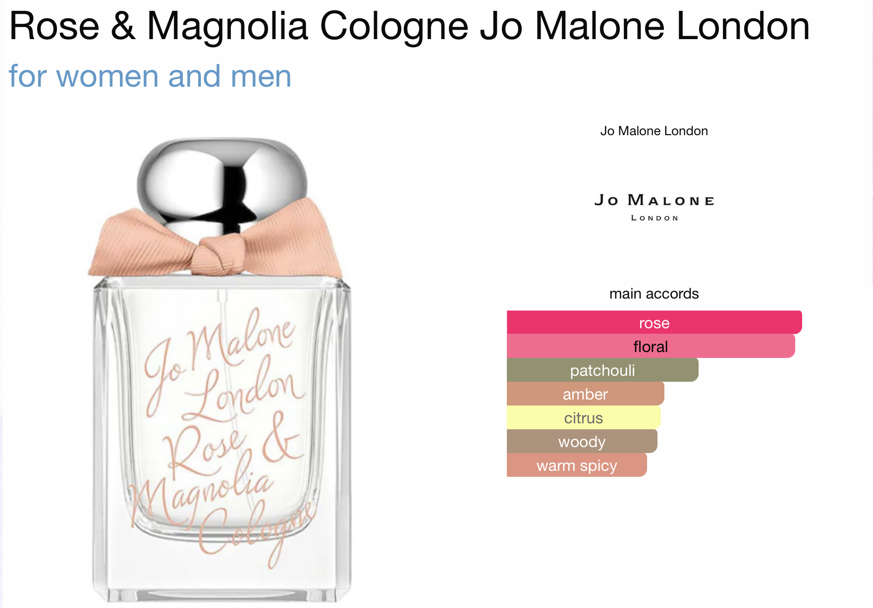 Jo Malone Rose & Magnolia Cologne  กลิ่นหอมดอกกุหลาบที่มีความครีมมี่พาวเดอรี่และสดชื่นในตัว  Top Note : Magnolia  Middle Note : May Rose ,Damask Rose  Base Note : Patchouli ,Amber